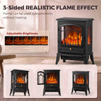Black electric fireplace stove with three-sided flame window and adjustable brightness
