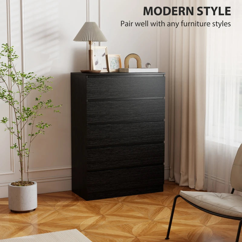 Black 5-drawer dresser cabinet with stacked drawer fronts and flat top surface.