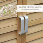 Wooden shed door with white metal handle and ventilated shutter panels