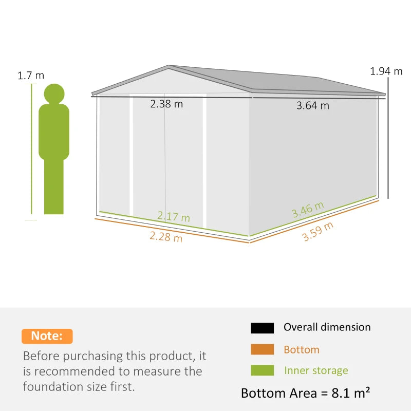 Dark grey storage shed diagram with overall footprint dimensions