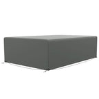 Dark grey rectangular patio furniture cover with smooth fabric panels and elastic hem