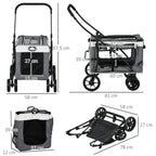 Foldable pet stroller shown in multiple views with wheels and fold frame