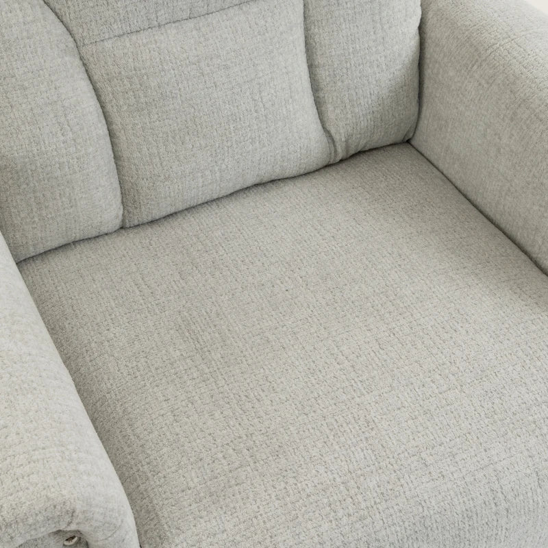 Light grey recliner seat cushion with smooth upholstered arms and stitching.
