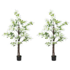 Set of 2 artificial honeysuckle plants in black pots with white blossoms and green leaves