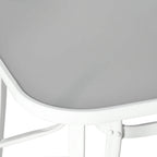 Grey mesh chair back with curved white frame and padded-looking seat edge