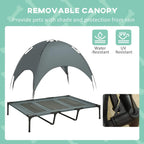 Grey raised pet cot with removable arched canopy for water and UV protection