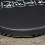 Black round padded crunch cushion with white exercise icons printed on the surface.