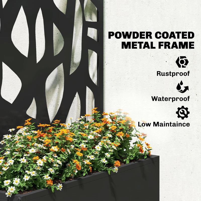 Black metal raised planter with abstract-pattern trellis privacy screen