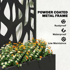 Black metal raised planter with abstract-pattern trellis privacy screen