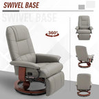 Grey swivel recliner chair with 360° base, padded backrest and extended leg support.