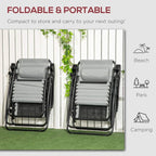 Two grey folding zero-gravity recliner chairs with detachable headrests and footrests