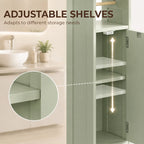 Light green storage cabinet showing adjustable interior shelves and door with arched panel