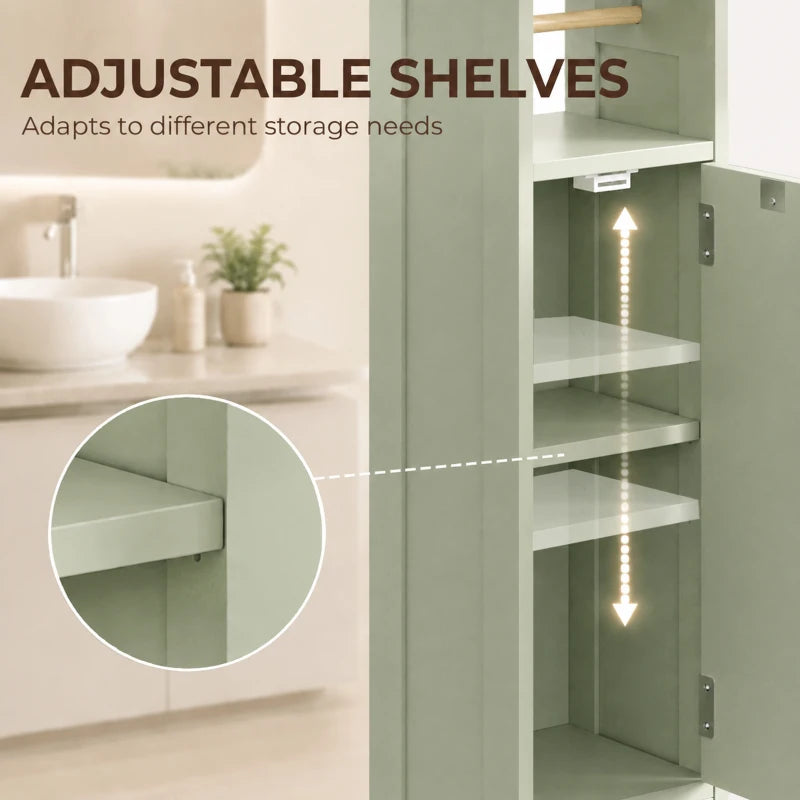 Light green storage cabinet showing adjustable interior shelves and door with arched panel