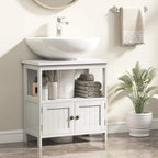 White bathroom vanity under-sink cabinet with open shelves and double-door storage