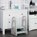 Grey kids step stool ladder with light blue steps in a bathroom setting