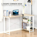 Oak-tone L-shaped corner desk with two-tier storage shelf and white X-frame support