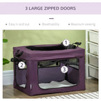 Purple pet carrier with three large zippered doors and mesh panels around the sides