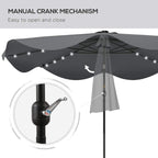 Dark grey patio umbrella crank mechanism with LED lights along canopy ribs