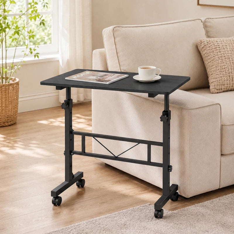 Black sofa side table on wheels with lower shelf and adjustable height posts