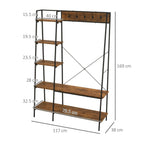 Clothes rail with 5 hooks and tiered shelves, brown wood top with black metal frame