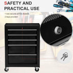 Black lockable tool storage cabinet with five drawers and caster wheels