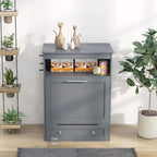 Grey pet feeder cabinet with top storage shelf and closed front panel