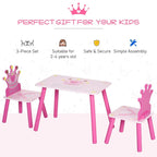 Princess-themed kids 3-piece table and chair set with crown graphics, pink frame