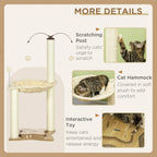 Beige cat tree with hammock and scratching post, product details view