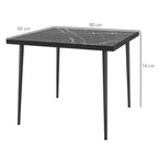 Square black dining table with marble-effect top; 90 cm x 90 cm, 74 cm high