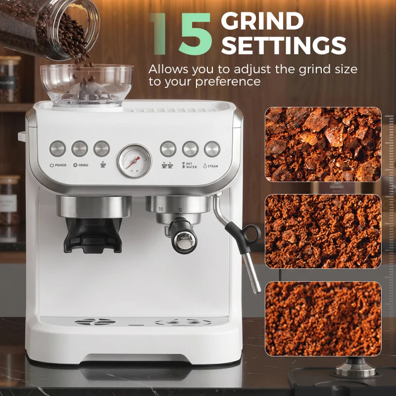 White espresso machine front panel with multiple grind settings dials