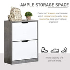 Grey and white two-drawer shoe cabinet with groove pull handles, top and closed drawers
