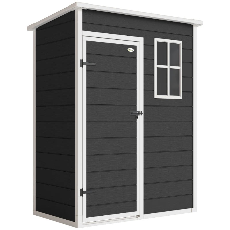 Black resin garden shed with lockable door and two-pane window