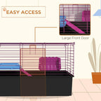 Small animal cage with large front door opening, purple frame, blue ramp and platform