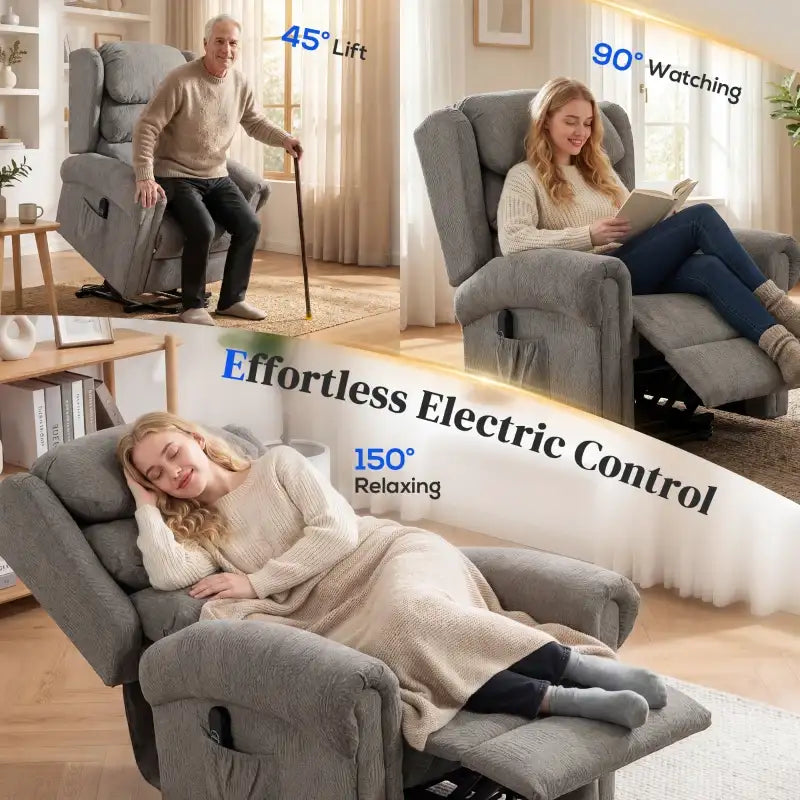Dark grey electric recliner chair with extended leg rest for lounging