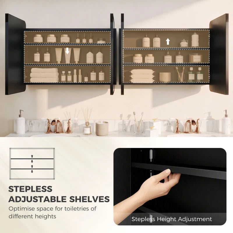 Black mirror cabinet interior with adjustable shelves and multiple storage compartments