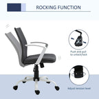 Dark grey office chair with armrests, padded seat, and wheeled white pedestal base