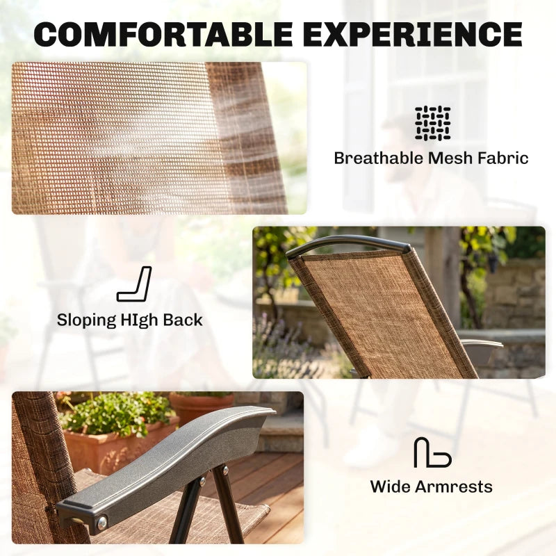 Brown mesh armchairs with sloping high back and wide armrests, outdoor bistro set