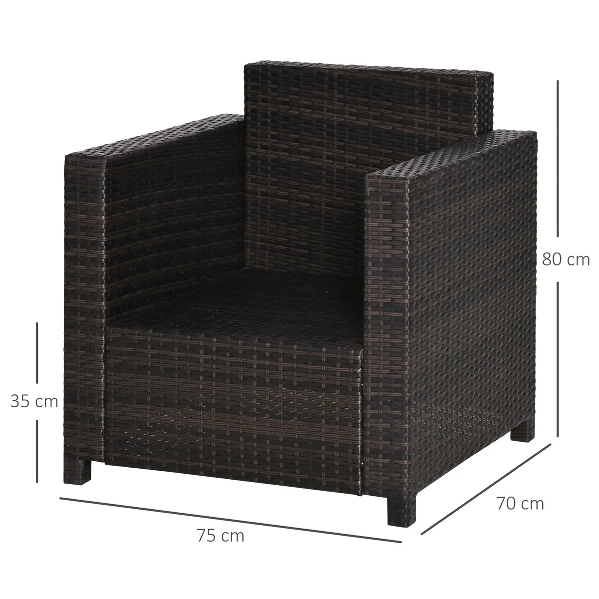 Brown PE wicker garden armchair without cushions, with width, depth and height measurements