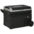 Black portable compressor cooler box with top control panel and side carry handles