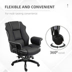 Black faux leather executive chair with white contrast piping and 360 swivel base