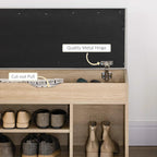 Oak-tone shoe cabinet bench interior with black lid, metal hinge, and cut-out pull