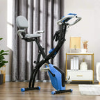Blue and black 2-in-1 folding exercise bike with gray seat and handlebar supports