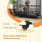 Black dog crate base with rolling wheels and brake detail for easy movement