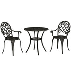 Black metal bistro table with two ornate scroll chairs, three-piece garden set