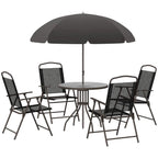 Black patio dining set with round glass table, central umbrella and four folding chairs