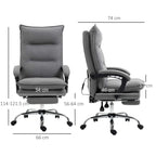 Grey reclining massage office chair with footrest, shown from front and side with dimensions