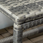 Grey woven rattan table corner with protective edge and stacked weave detailing