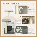 Grey cat tree tower close-up showing sisal scratching posts, plush surfaces, and toy mouse