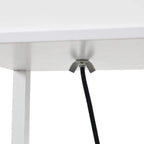 White shelf underside with metal cord clip and black power cable