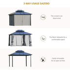 Hardtop gazebo with gray mesh curtains shown in three setups: open, enclosed, and mesh sides